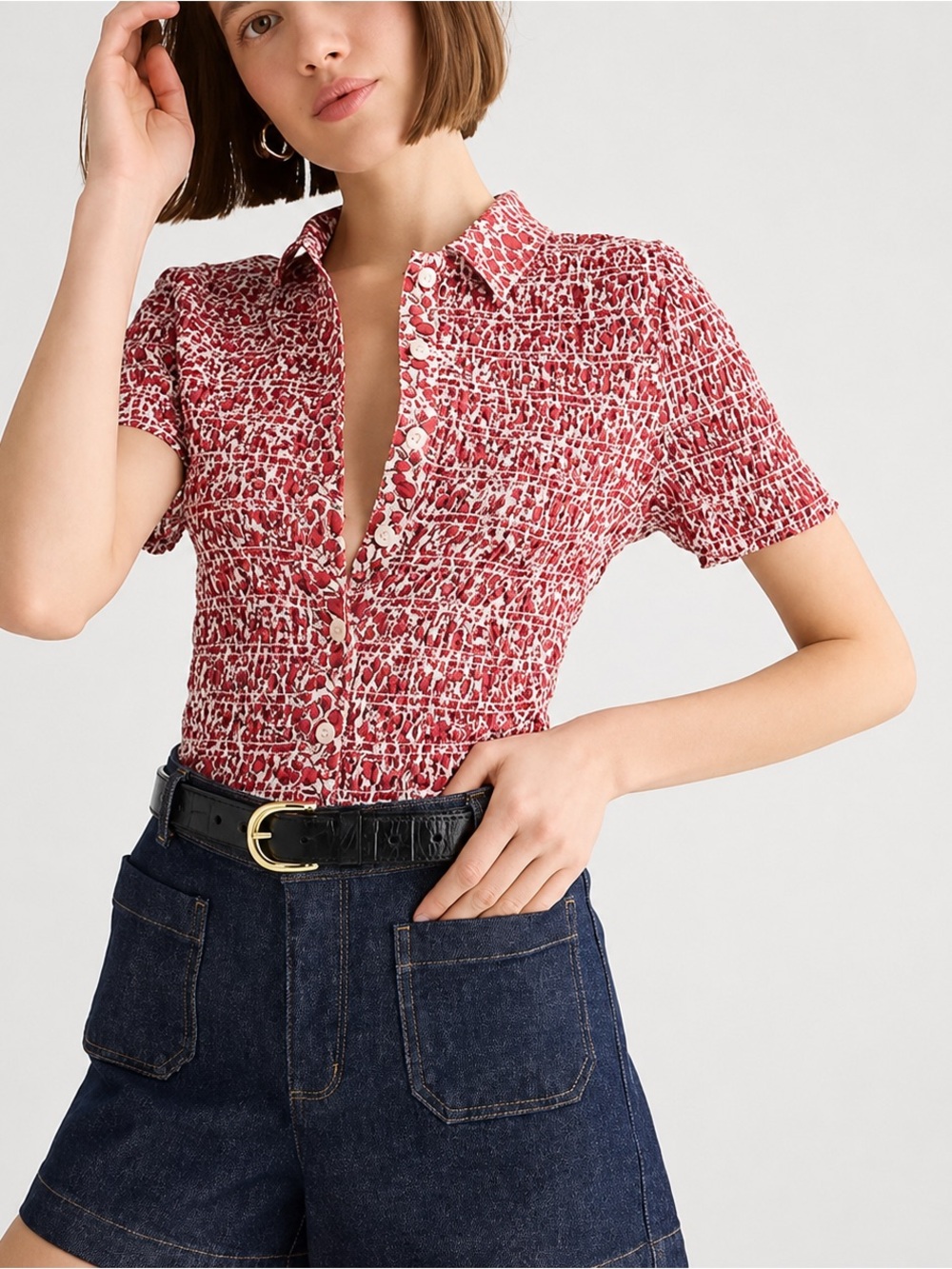 J. Crew x Liberty smocked button up top in Eliza’s red fabric - XS nwt